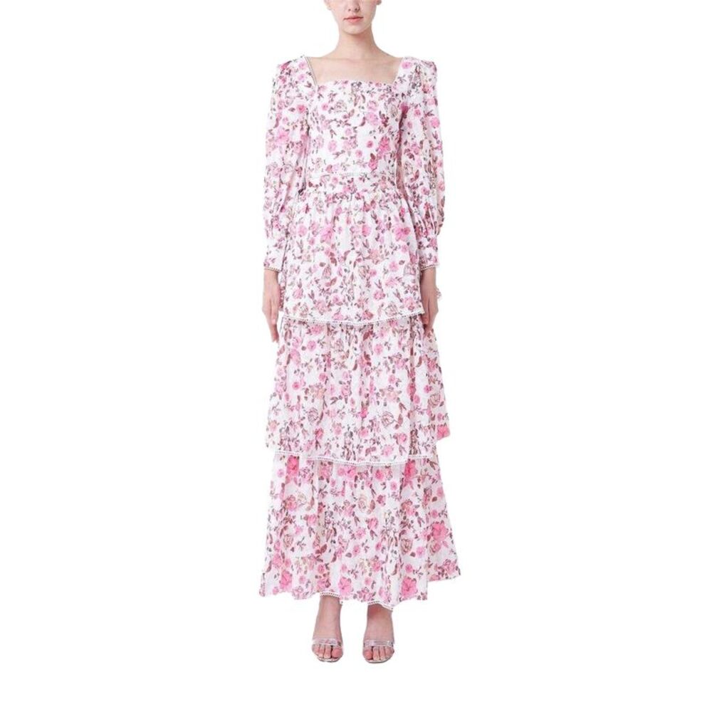 Special Occasion Womens/Ladies Floral Cut Out Regular Maxi Dress / White/Fuchsia